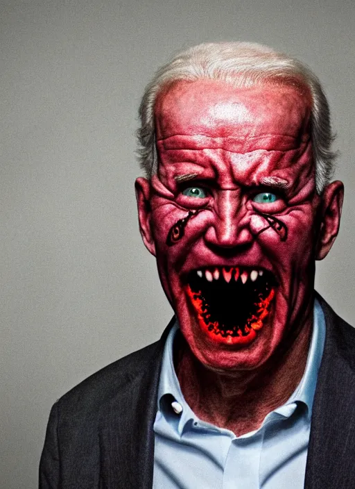 Image similar to hyper realistic terror photo Doom horror furious glowing red eyes biden