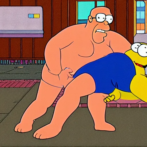 Prompt: Peter griffin wrestling with Homer Simpson
