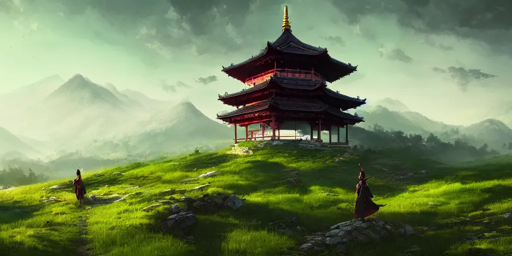 Prompt: beautiful eastern style country, pagoda castles, green meadows, mountains. in style of greg rutkowski and hyung - tae kim, trending on artstation, dark fantasy, great composition, concept art, highly detailed, dynamic pose, vibrant colours, epic, 8 k.