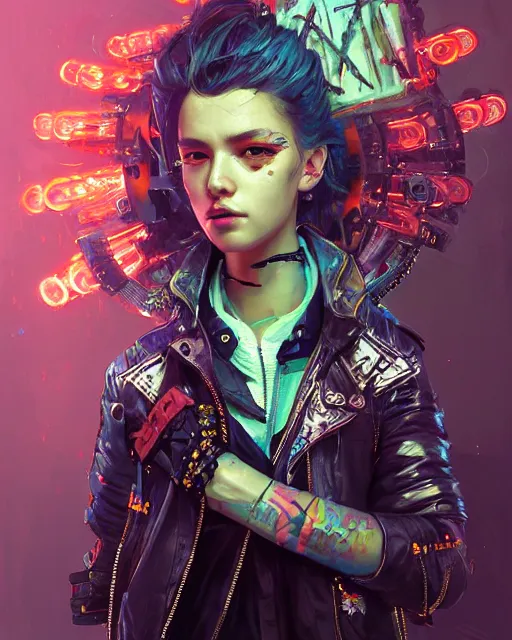 Prompt: detailed portrait Young Rebel Girl cyberpunk futuristic ((neon)) tattoes, yakuza, styled hair Reflective puffy sheen film jacket, decorated traditional ornaments by ismail inceoglu dragan bibin hans thoma greg rutkowski Alexandros Pyromallis Nekro Alphonse Mucha illustrated Perfect face, fine details, realistic shaded, fine-face, pretty face