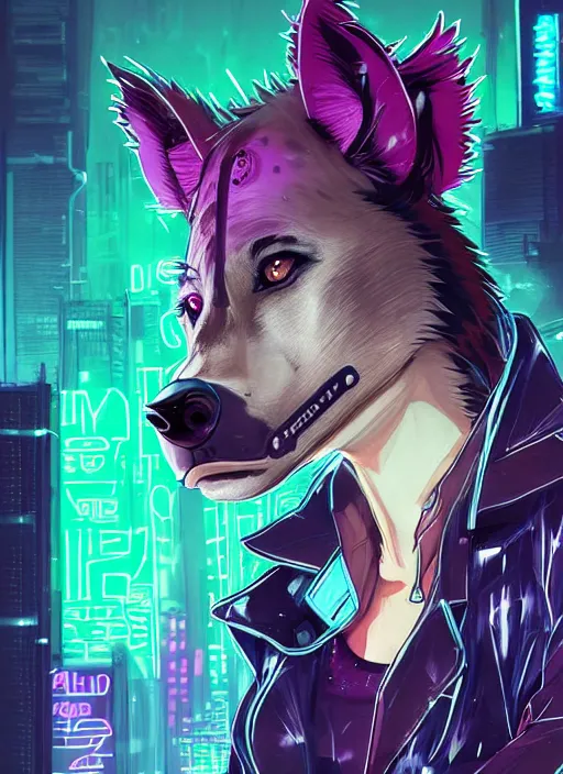 Image similar to beautiful portrait commission of a female furry anthro hyena fursona wearing skaterpunk clothes. Cyberpunk city at night in the rain. Neon light. Atmospheric. Character design by charlie bowater, ross tran, artgerm, and makoto shinkai, detailed, inked, western comic book art