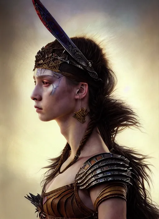 Image similar to a young warrior woman moments before battle, diffuse lighting, fantasy, intricate, elegant, highly detailed, lifelike, Rebel, photorealistic, digital painting, artstation, punks, illustration, concept art, smooth, sharp focus, artgerm, by John Collier and Albert Aublet and Leonardo da vinci and Krenz Cushart and Artem Demura and Alphonse Mucha