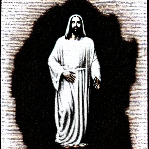 Image similar to vhs static overlay of jesus apparition, vhs, 1 9 9 0, highly realistic, highly detailed, vhs noise static, black and white, vhs glitch