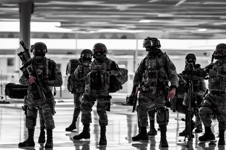 Image similar to Mercenary Special Forces soldiers in grey uniforms with black armored vest and black helmets fighting inside an airport in 2022, Canon EOS R3, f/1.4, ISO 200, 1/160s, 8K, RAW, unedited, symmetrical balance, in-frame, combat photography