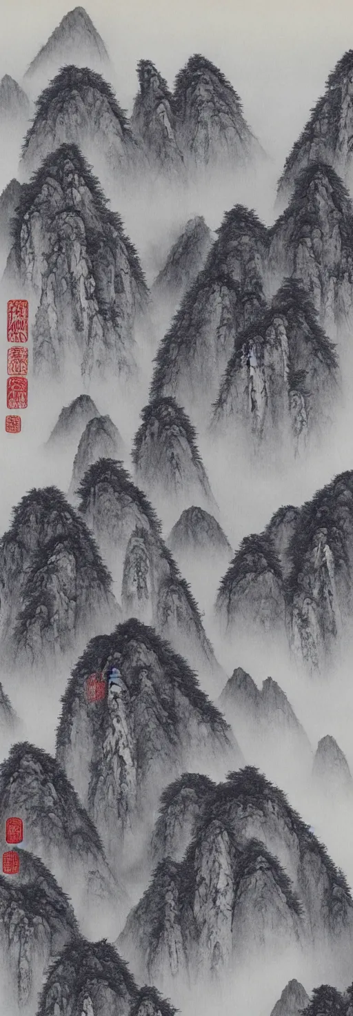 Image similar to traditional chinese shanshui 山 水 ink painting of huangshan on a foggy day by shenzhou 沈 周