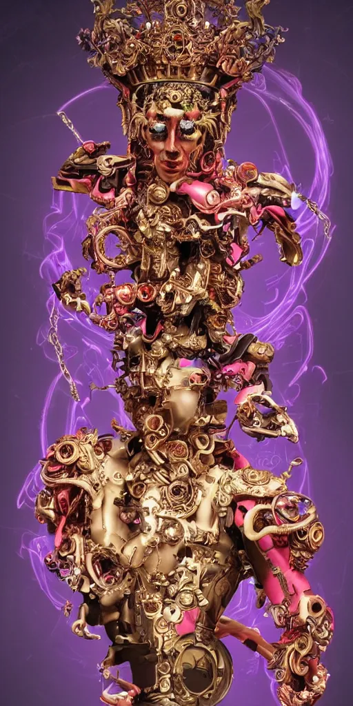 Image similar to baroque and cyberpunk style full-body sculpture of a young seductive Hispanic prince half android with a chest exposing a glowing ruby battery, glowing pink seductive laser eyes, crown of blue gears and diamonds, swirling salmon-colored silk fabric, robotic raptors dinosaurs. baroque elements. full-length view. intricate artwork by caravaggio. art by Artgerm and Greg Rutkowski and Alphonse Mucha, Trending on artstation, cinematic industrial lighting, photorealistic, octane render, 8k, depth of field, 3D