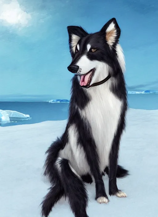 Prompt: beautiful wide angle full body portrait of a cute male anthropomorphic anthro border collie fursona wearing a swimsuit in antarctica, character design by charlie bowater, henry asencio, and ross tran, scenic background, detailed, aesthetic, furry, trending on artstation, furaffinity, deviantart