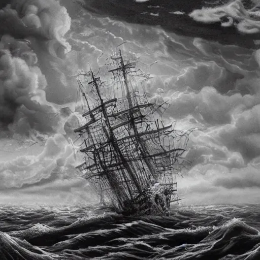 Image similar to a highly detailed hyperrealistic scene of a ship being attacked by giant squid tentacles, ultra realistic, jellyfish, squid attack, dark, voluminous clouds, thunder, stormy seas, pirate ship, dark, high contrast, yoji shinkawa, scary, m.c. Escher, highly detailed, brutal, beautiful, octopus arms attacking the ship from the storm, illusion, artgerm