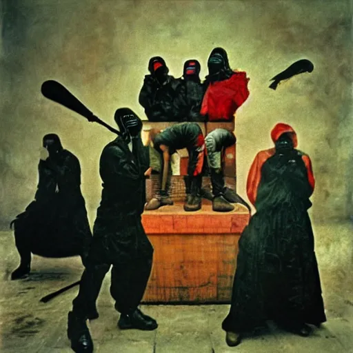 Image similar to 1 9 9 3 disposable camera color photo of a modern gang of plague doctors in the style of jan saudek, annie liebovitz, pieter bruegel the elder, joel peter witkin, gustave dore, heironymus bosch