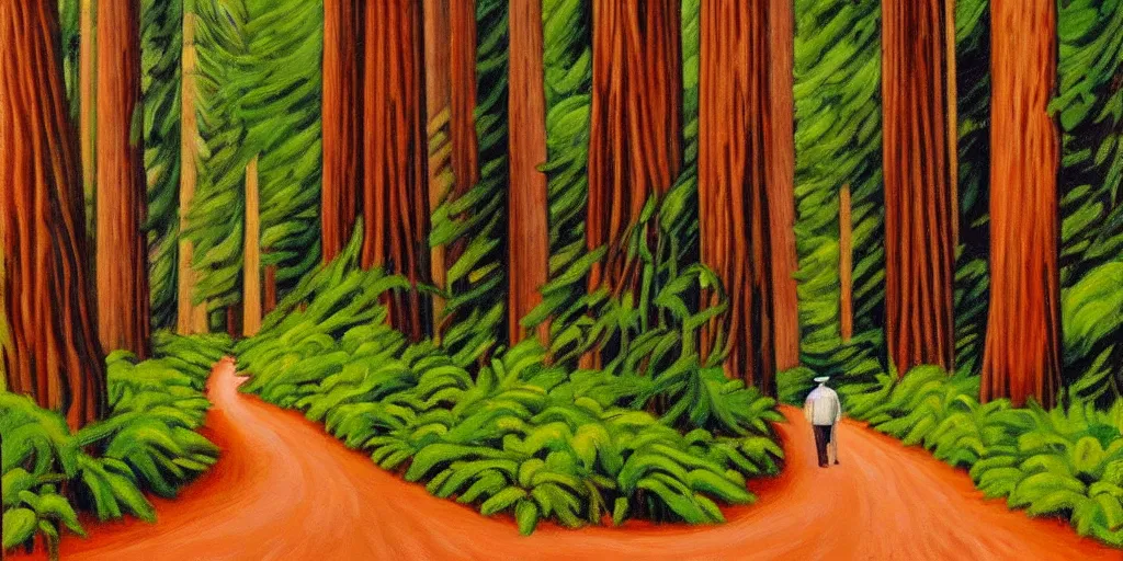 Image similar to a stunning wpa style painting of a man walking down a path in a redwood forest, award winning art