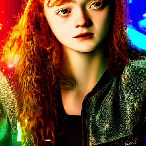 Prompt: Sadie Sink portrait, Cyberpunk 2077, ultra photorealistic, cybernetic body parts, neon, octane, bokeh, 8k