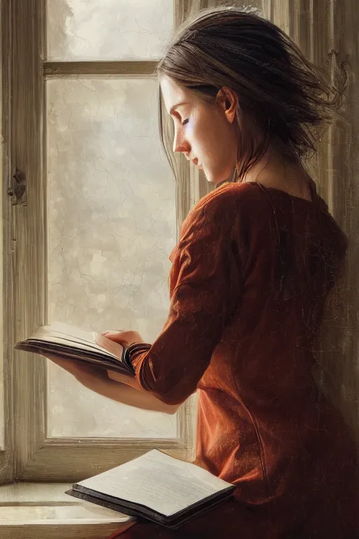 Prompt: a girl reading a book, hair flowing down, oil on canvas, intricate, 8 k highly professionally detailed, hdr, cgsociety