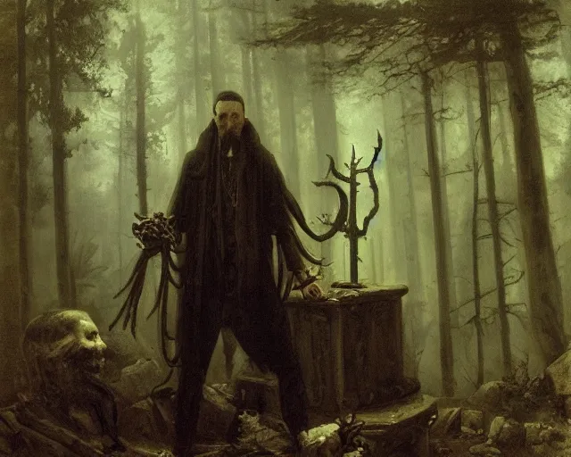 Image similar to portrait of a lovecraftian cultist next to an occult altar in a forest by andreas achenbach