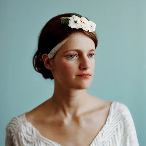 Prompt: a photograph of beautiful nordic woman wearing a white folkdrakt dress, she has a summer flower headband. against a teal studio backdrop. strong kodak portra 4 0 0 film look. film grain.