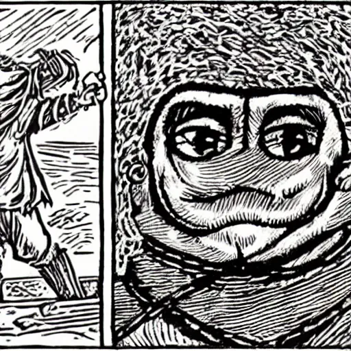 Image similar to pepe the frog, viking battles, saga, snorri sturluson, woodcut by christian krohg