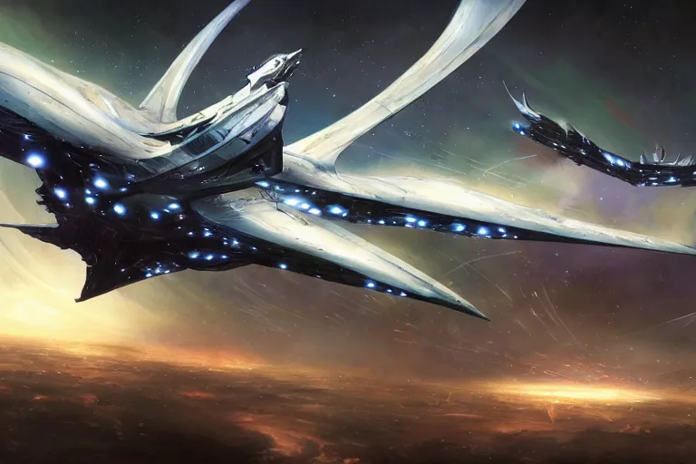 Prompt: nebula by raymond swanland, framing a pteranodon battlecruiser, with white kanji insignias, sleek, white john berkey panels, spines and towers, rows of windows lit internally, sensor array, blazing engines, robotech styling, boeing concept art, cinematic lighting by liam wong