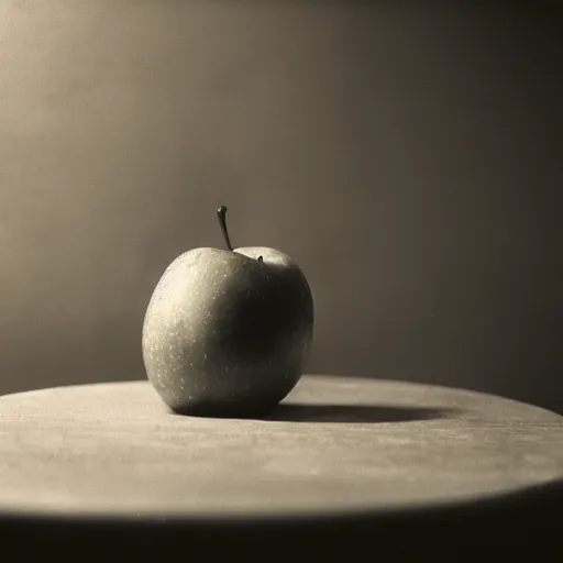 Image similar to A collodion-styled photograph of a surrealist scene of an apple in a room with some strange objects scattered around, shallow depth of field, wide-angle lens