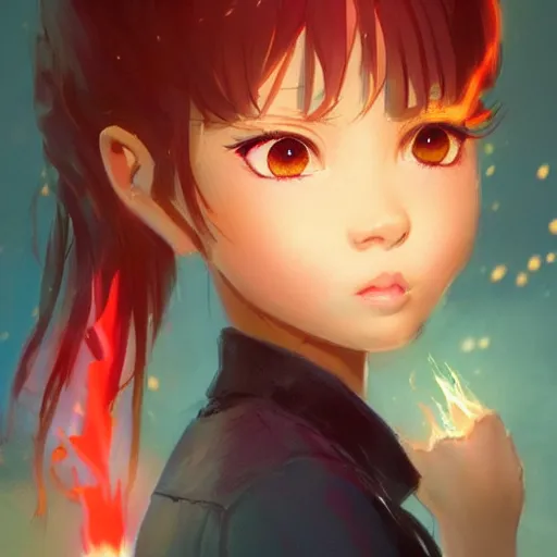 Prompt: Full body, splash art by WLOP, Ilya kuvshinov, Krenz Cushart, and Greg Rutkowski, trending on artstation. Realistic fantasy cute Latina dark skin Pixar-style young girl, expressing joy, silky hair, wearing a red-sleeved white t-shirt with jeans, she has fire powers, her hair glows astonishing fire flames, Cinematic dramatic atmosphere of a mystic forest, sharp focus, soft volumetric studio lighting.