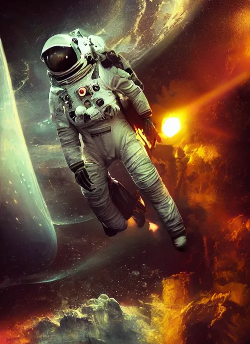 Image similar to complex poster art by craig mullins astronaut in futuristic dark and empty spaceship underwater. infrared glowing lights. complex and hyperdetailed technical suit. reflection and dispersion materials. rays and dispersion of light. volumetric light. 5 0 mm, f / 3 2. noise film photo. flash photography. octane render. interstellar movie poster