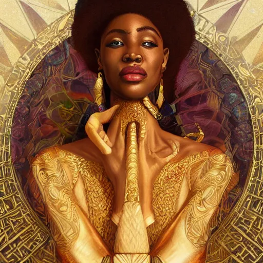 Prompt: an african royal family, kemetic, D&D, fantasy, intricate, elegant, highly detailed, digital painting, artstation, concept art, matte, sharp focus, illustration, art by Artgerm and Greg Rutkowski and Alphonse Mucha