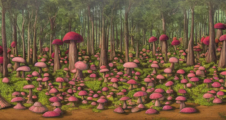 Image similar to A tribal village in a forest of giant mushrooms, by David Eichenberg