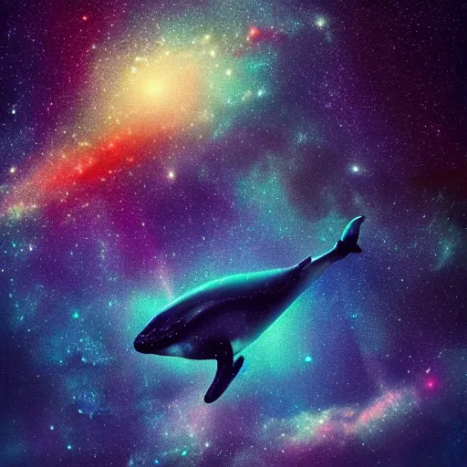 Image similar to portrait of whale swimming on a night sky, swimming across the universe, nebulae, galaxies, oniric, dreamy, beautiful, highly detailed, cinematic, trending on artstation