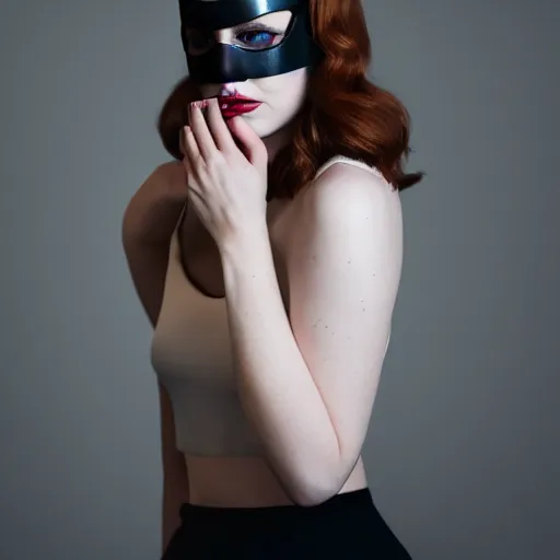 Image similar to Fully-clothed full-body portrait of Emma Stone as catwoman with eyes covered, XF IQ4, 50mm, F1.4, studio lighting, professional, 8K