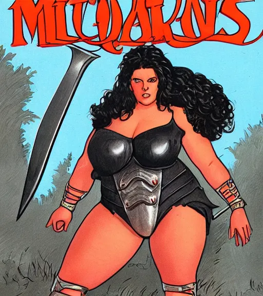 Image similar to 1 9 8 0 s fantasy novel book cover, bbw plus size amazonian 1 8 - year - old millie bobby brown in extremely tight bikini armor wielding a cartoonishly large sword, exaggerated body features, dark and smoky background, low quality print