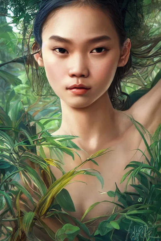 Image similar to stunningly beautiful, filipina prima ballerina in jungle, symmetrical face, golden hour, smooth, focus, highly detailed, hyper realistic, dramatic lighting, elegant, intricate, concept art, art by wlop, mars ravelo, greg rutowski, artstation