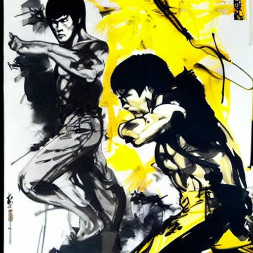 Image similar to Bruce Lee wearing a yellow jumpsuit by Yoji Shinkawa and Ashley Wood