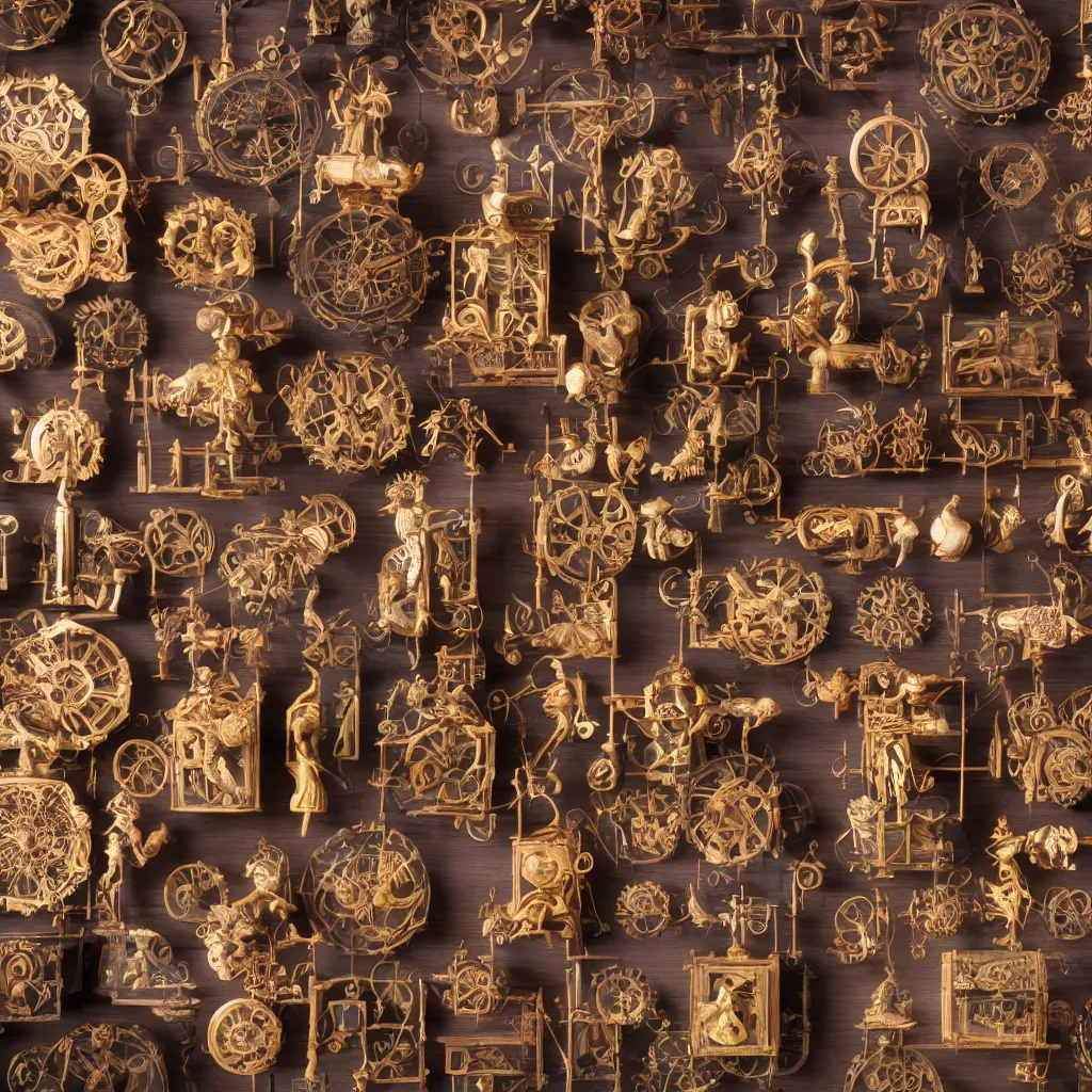 Image similar to a collection of victorian automatons, inside different color wooden boxes. top down photo, close macro photo. cinema 4d render , studio photo, 8k