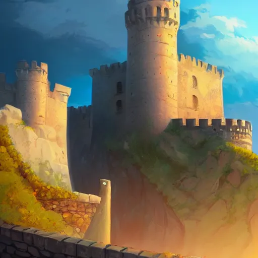 Prompt: View of the Castle of Peñiscola, mattepainting concept Blizzard pixar maya engine on stylized background splash comics global illumination lighting artstation lois van baarle, ilya kuvshinov, rossdraws