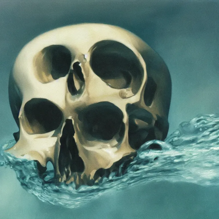 Image similar to closeup of metal skull submerged in milk painted by Edward Hopper, painted by Wayne Barlow, airbrush