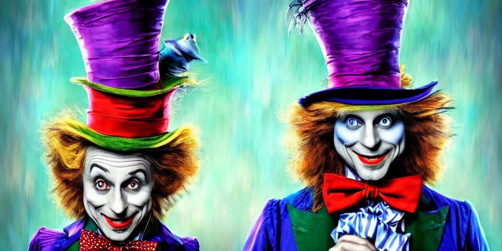 Prompt: The Mad Hatter portrait, Alice in wonderland, colorful, wide angle, super highly detailed, professional digital painting, artstation, concept art, smooth, sharp focus, no blur, no dof, extreme illustration, Unreal Engine 5, Photorealism, HD quality, 8k resolution, cinema 4d, 3D, beautiful, cinematic, art by artgerm and greg rutkowski and alphonse mucha and loish and WLOP
