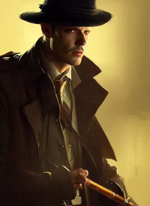 Image similar to portrait of a detective wearing trench coat and smoking puro, holding a sword, victorian, concept art, detailed face, fantasy, close up face, highly detailed, cinematic lighting, digital art painting by greg rutkowski