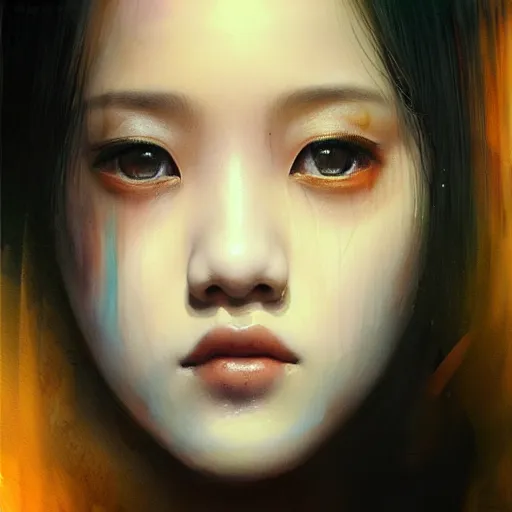 Image similar to jisoo of blackpink, hyperrealistic portrait, bladerunner street, by karol bak and agnes cecile, fantasy art, photo realistic, dynamic lighting, artstation, poster, volumetric lighting, very detailed face, 8 k, award winning