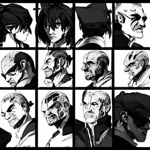 Prompt: old charismatic mechanic face, Shinkawa Yōji style