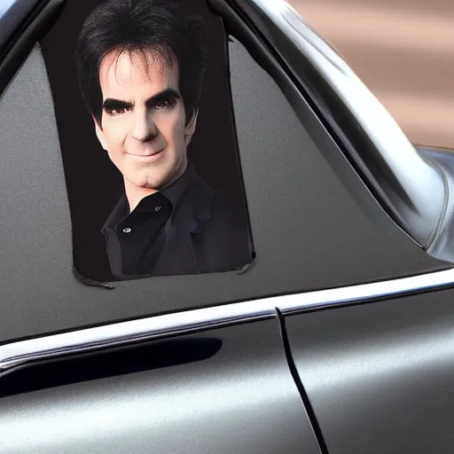 Image similar to david copperfield's face on a car body