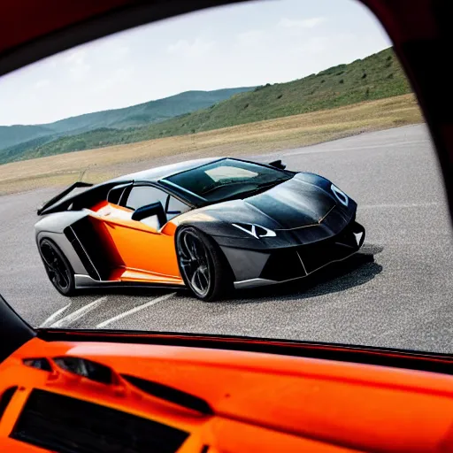 Prompt: a dragon stomping on a lamborghini, view from inside the cabin