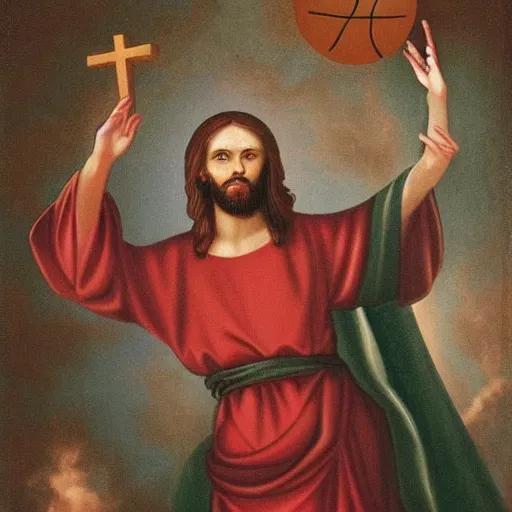 Prompt: jesus holding a cross shaped basketball