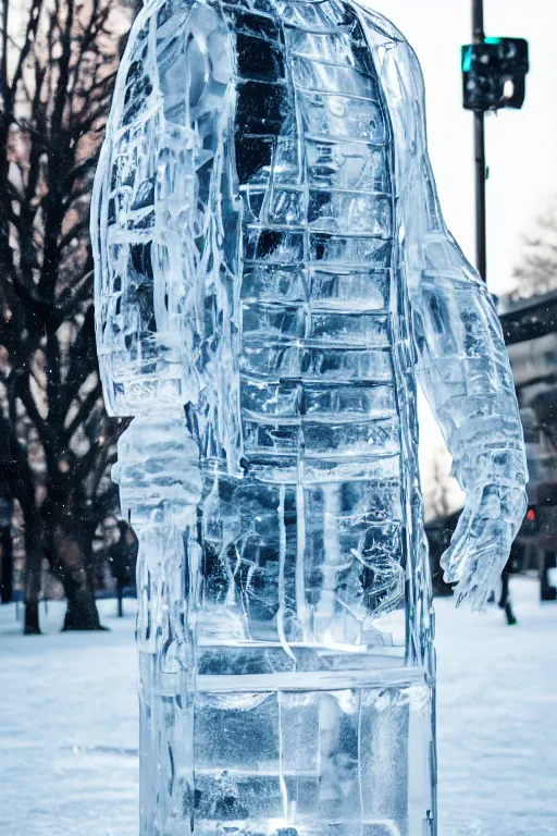 Image similar to transparent ice sculpture of man in sportswear jacket, intricate sculpture, cold, winter, street photo