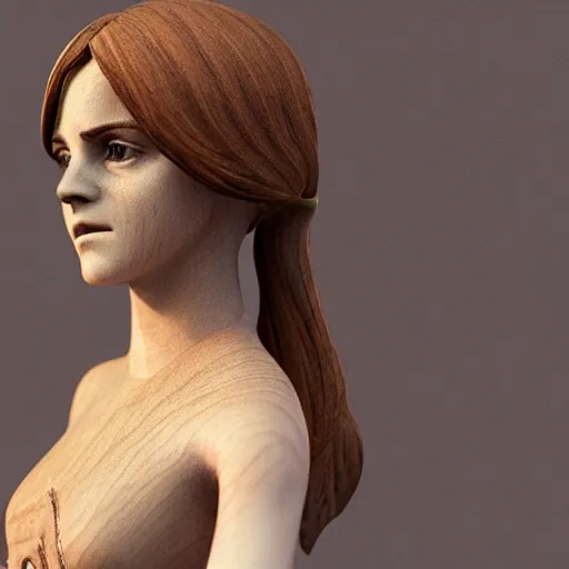 Image similar to wooden figurine of emma watson, blender, unreal engine, concept art, octane render, highly detailed, smooth, sharp focus