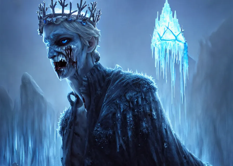 Image similar to frozen zombie man with a crown, eyes glow blue, broken ship in the background, is at dawn and bluish, fantasy, intricate, elegant, highly detailed, digital painting, artstation, concept art, matte, sharp focus, illustration, art by aenaluck and roberto ferri and greg rutkowski, epic fantasy, digital painting