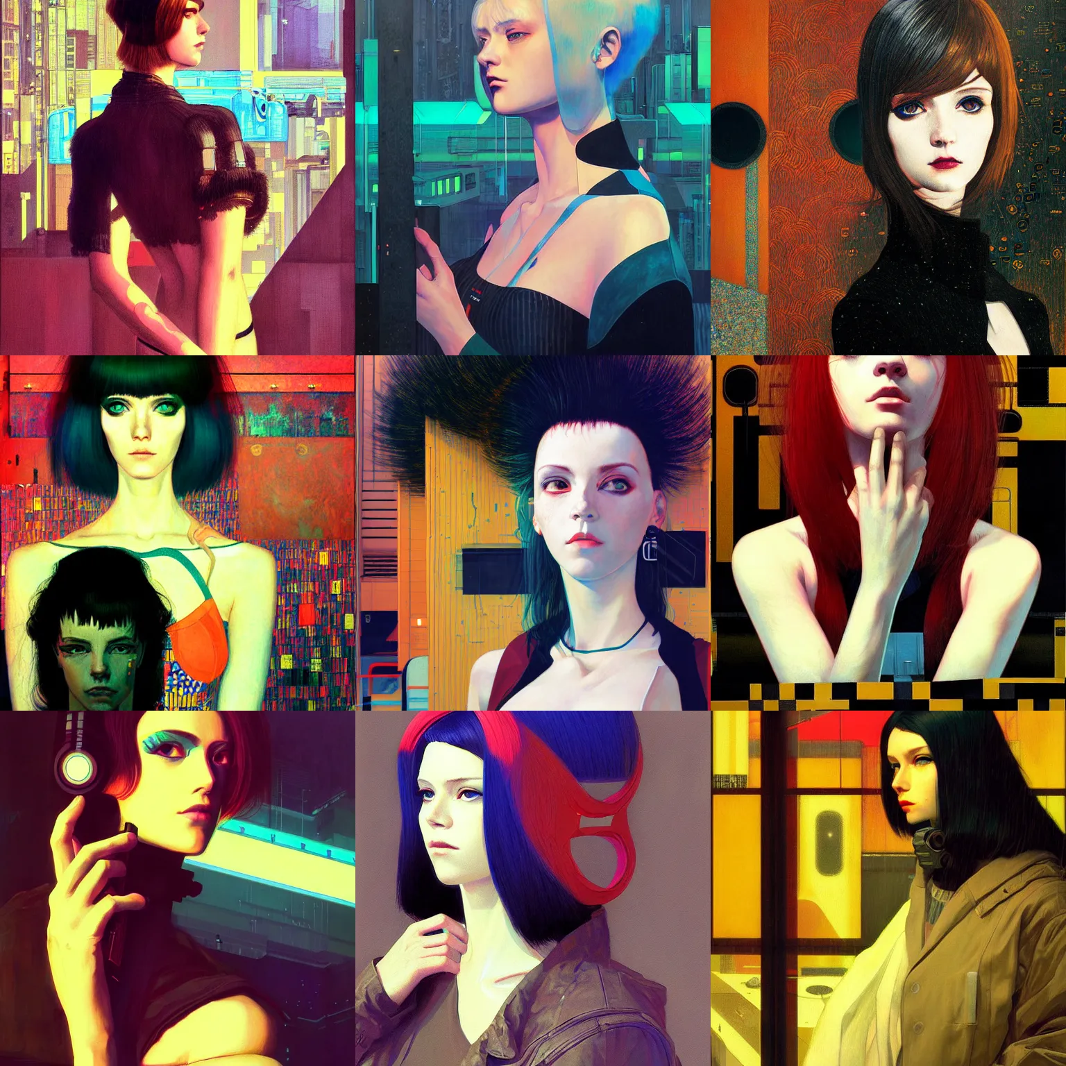 Prompt: A cyberpunk portrait painted by Ilya Kuvshinov and Gustav Klimt and Edward Hopper