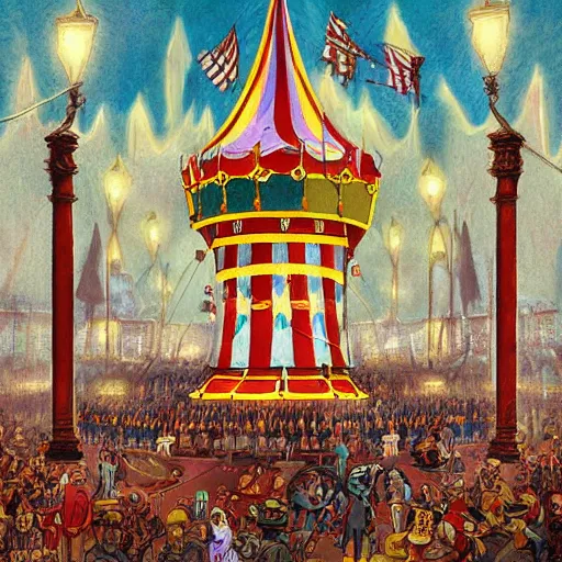 Image similar to a painting of a circus in the gilded age, illustration, painted by cristopher rush, josan gonzalez