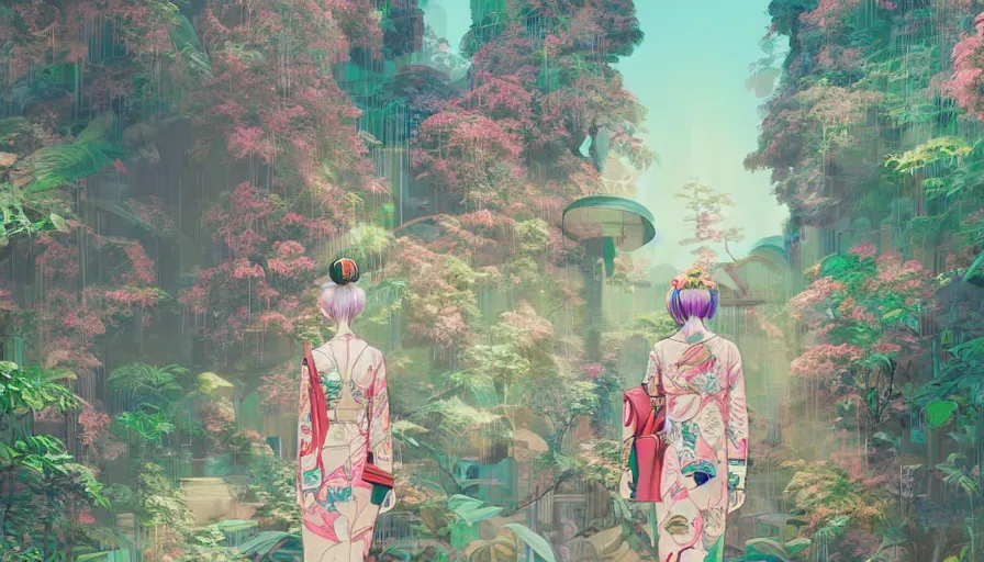 Image similar to a digital painting of a woman in the distance wearing gucci exploring a magical japanese temple, lush plants and flowers, eco - cyberpunk art by james jean, cgsociety, retrofuturism, anime aesthetic, chromatic, iridescent, uhd