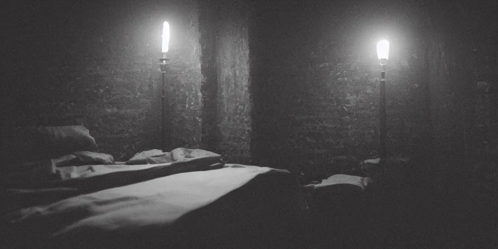 Image similar to nighttime, a very dark room at night lit only by candlelight, black and white, grungy