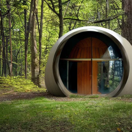 Prompt: a spaceship designed by eero saarinen, wood texture, trees visible through round windows