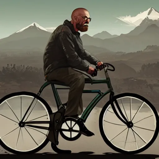 Image similar to walter white riding on a bike in gta 5 by greg rutkowski