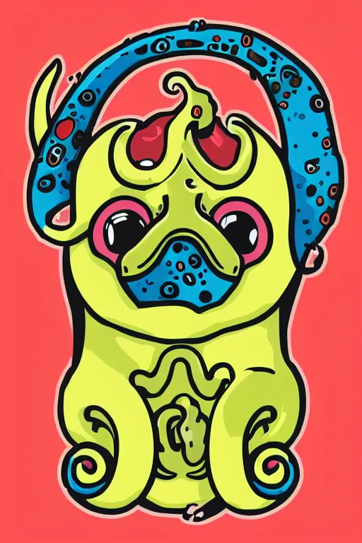 Image similar to Pug with tentacles, the devil, sticker, blood thirsty, spawn of Satan, burning in hell, blood, evil, colorful, illustration, highly detailed, simple, smooth and clean vector curves, no jagged lines, vector art, smooth